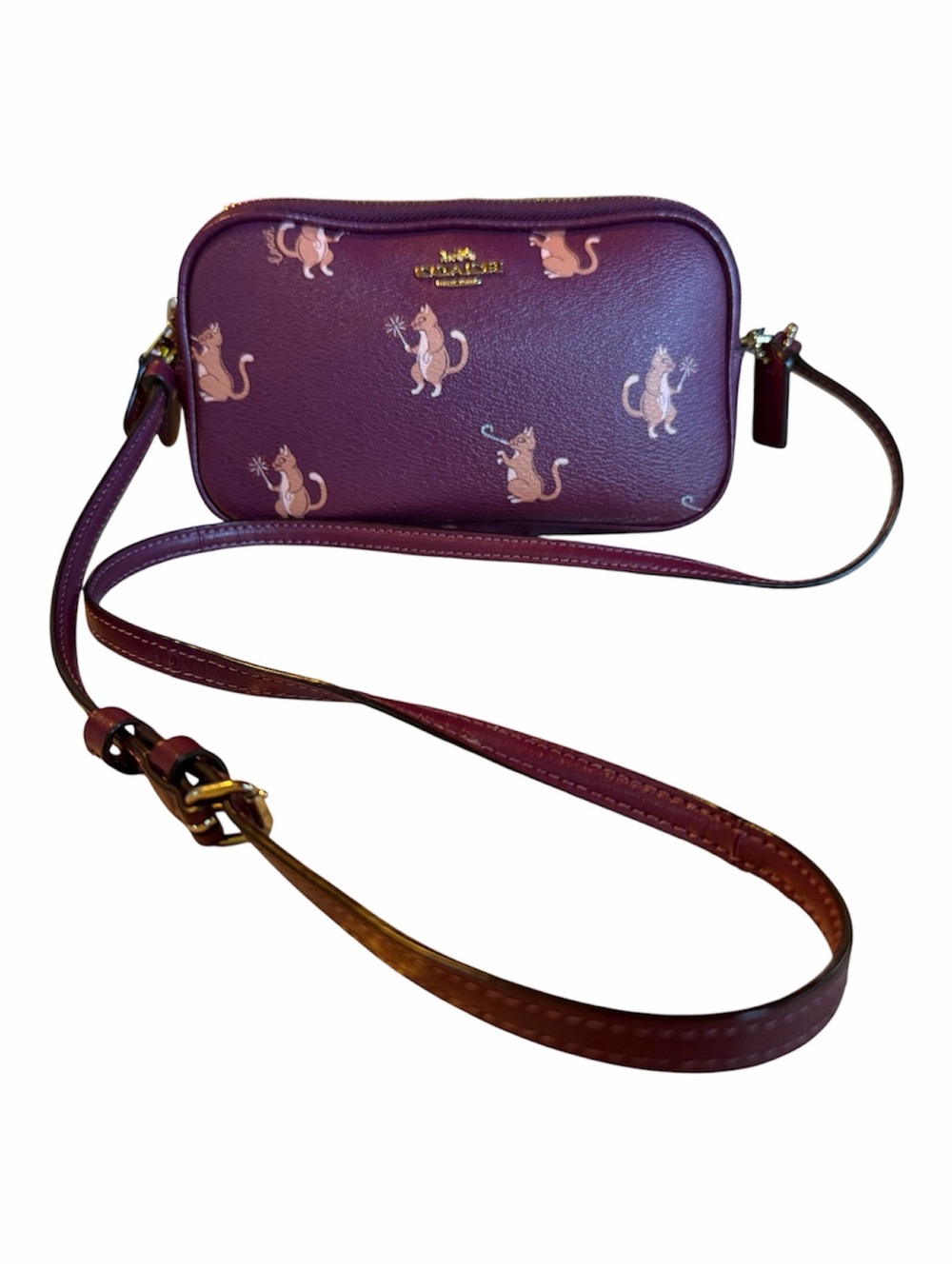 Limited Edition Coach Dark Purple Party Cat Print Crossbody Bag